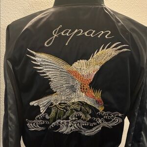 Black Japan Embroidered Eagle Satin Bomber Jacket Small 39” chest